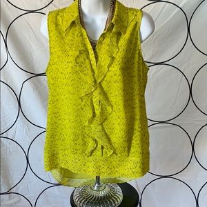 Yellow and grey sleeveless blouse with ruffles